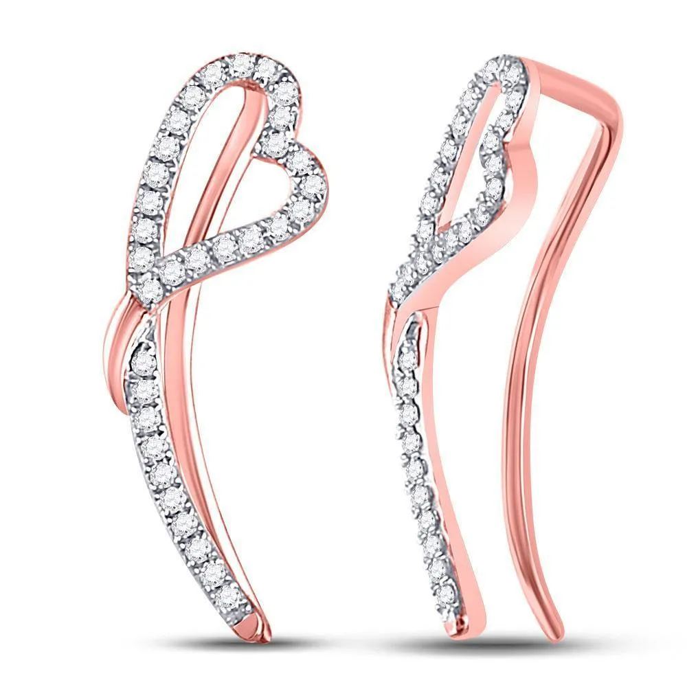 10K Rose Gold Round Diamond Heart Climber Earrings 1/5 Cttw