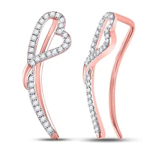 10K Rose Gold Round Diamond Heart Climber Earrings 1/5 Cttw
