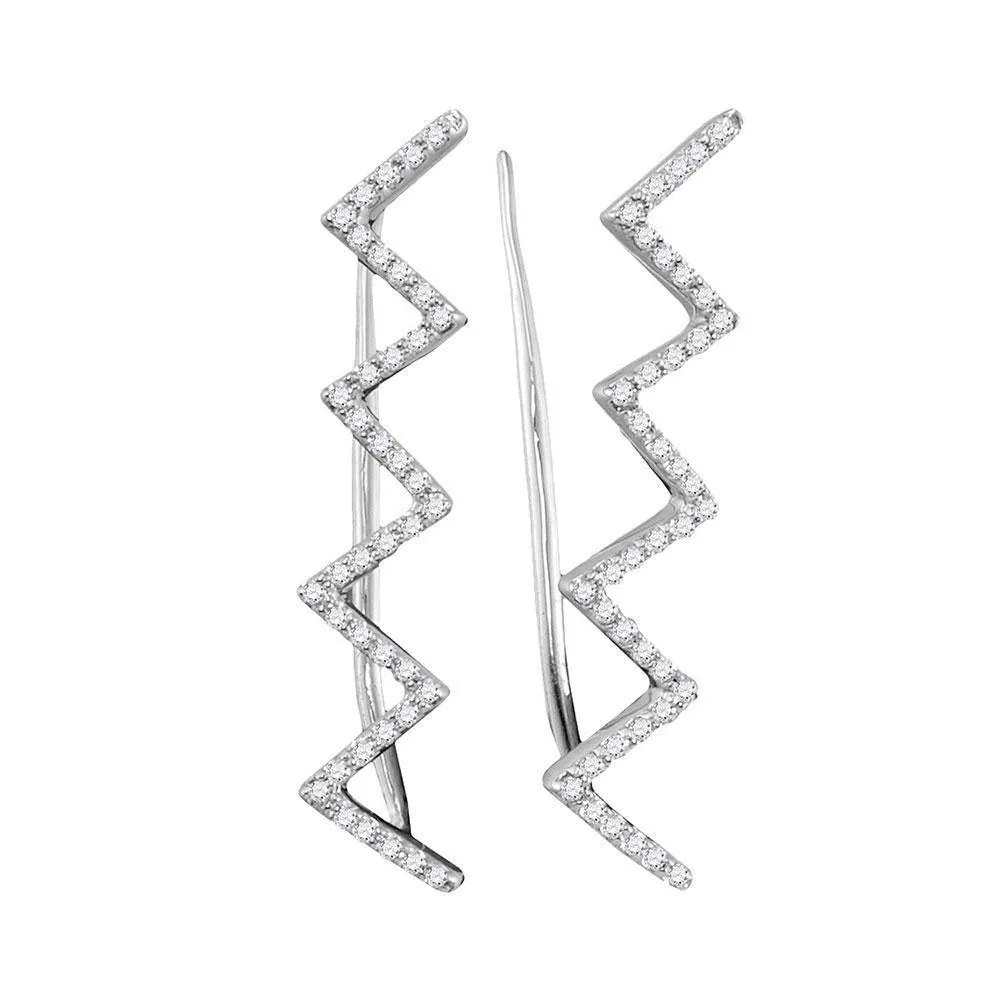 10K White Gold Round Diamond Chevron Climber Earrings 1/5 Cttw