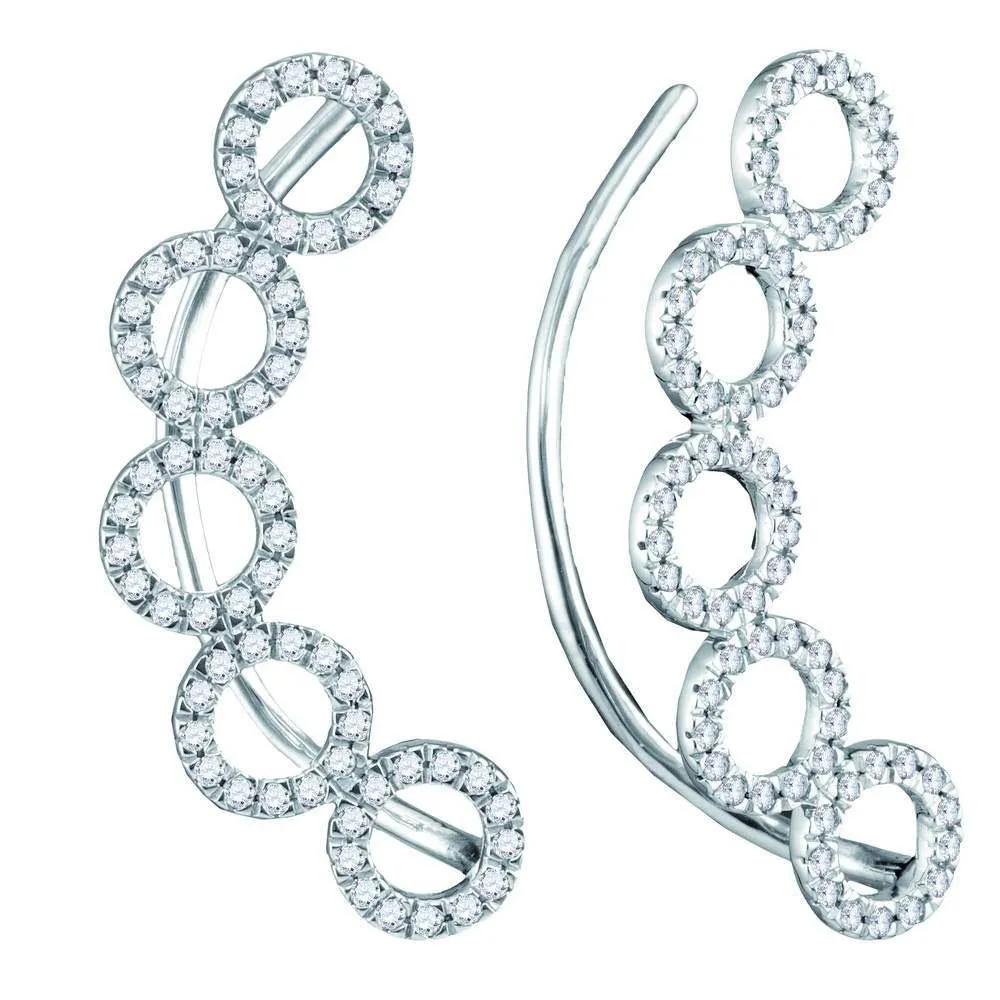 10K White Gold Round Diamond Circle Climber Curved Earrings 1/3 Cttw