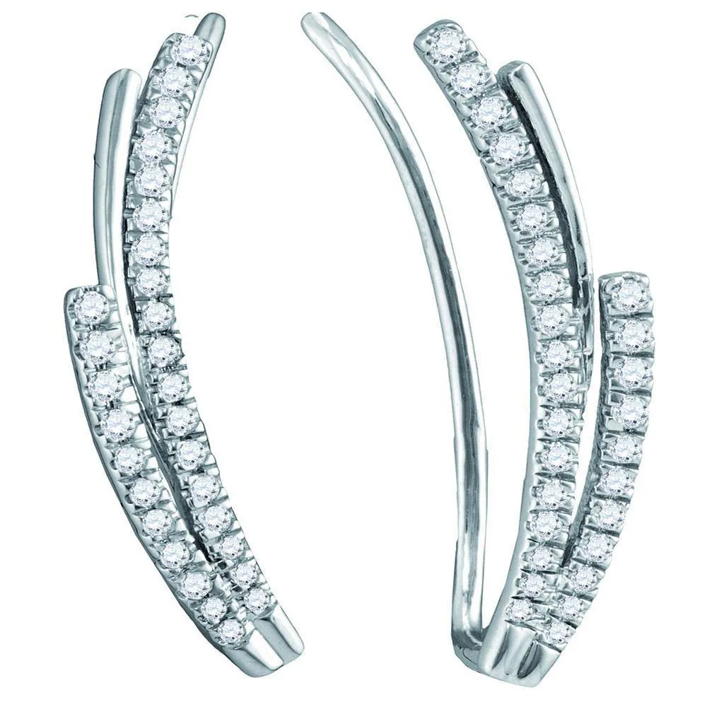10K White Gold Round Diamond Double Row Climber Earrings 1/3 Cttw