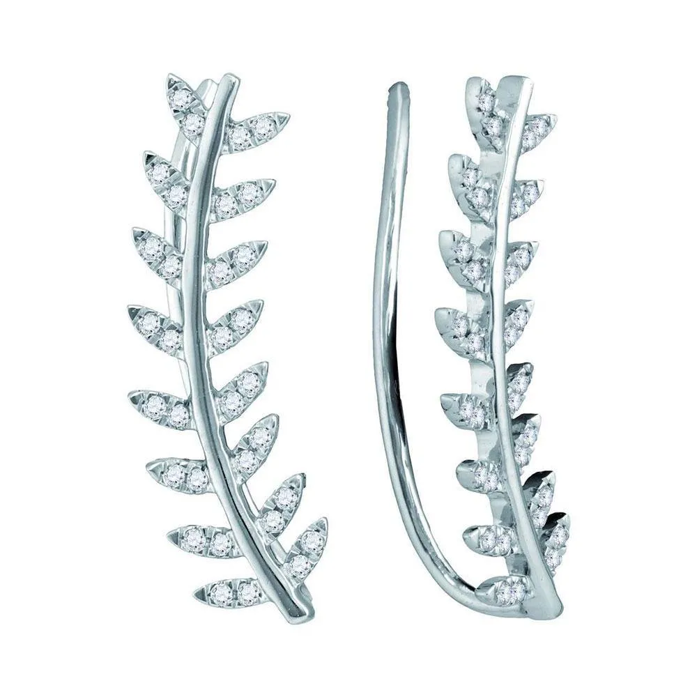 10K White Gold Round Diamond Floral Leaf Climber Earrings 1/4 Cttw