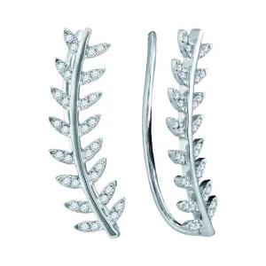 10K White Gold Round Diamond Floral Leaf Climber Earrings 1/4 Cttw