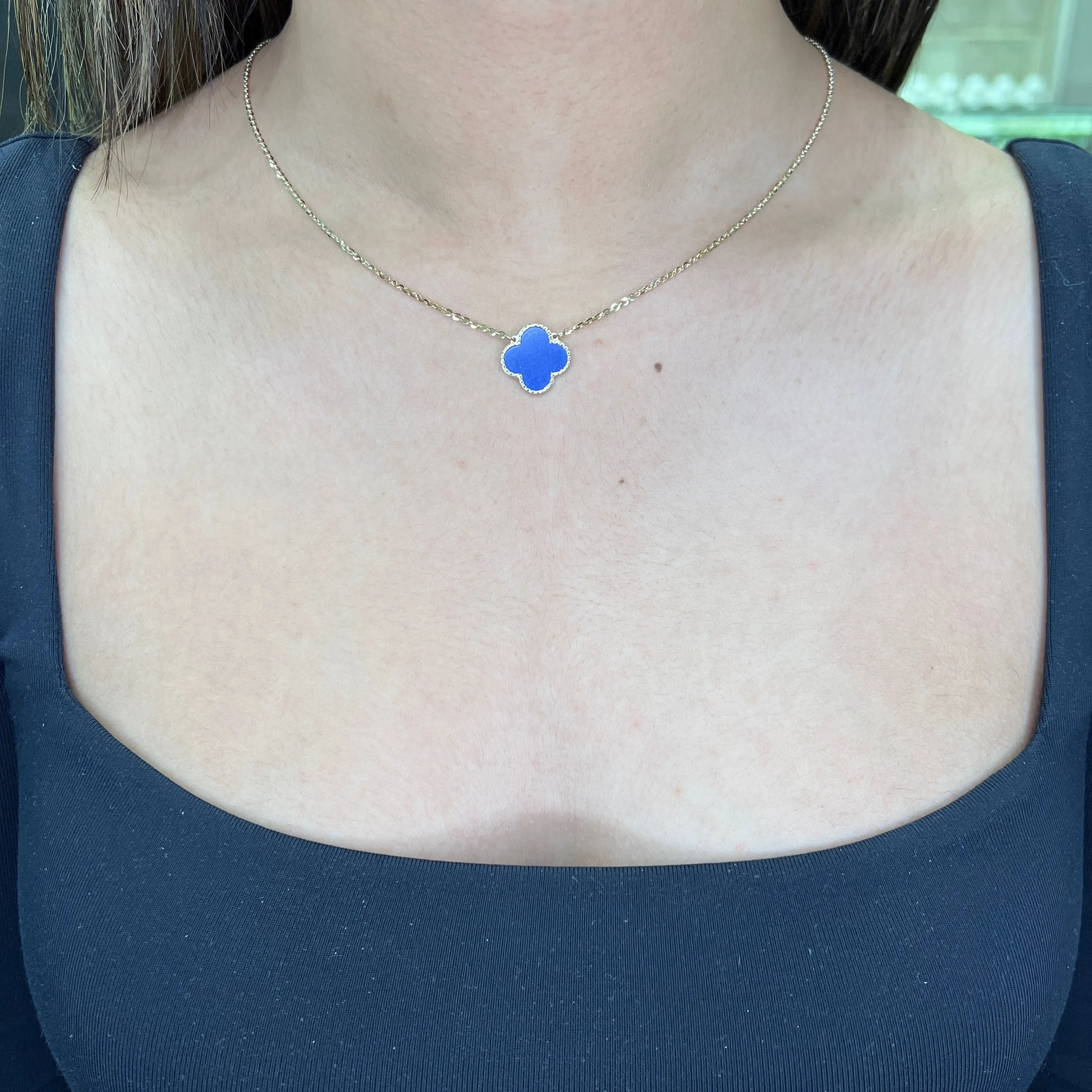 10K Yellow Gold (14mm) Designer Style Clover Lapis Beaded Edge Necklace