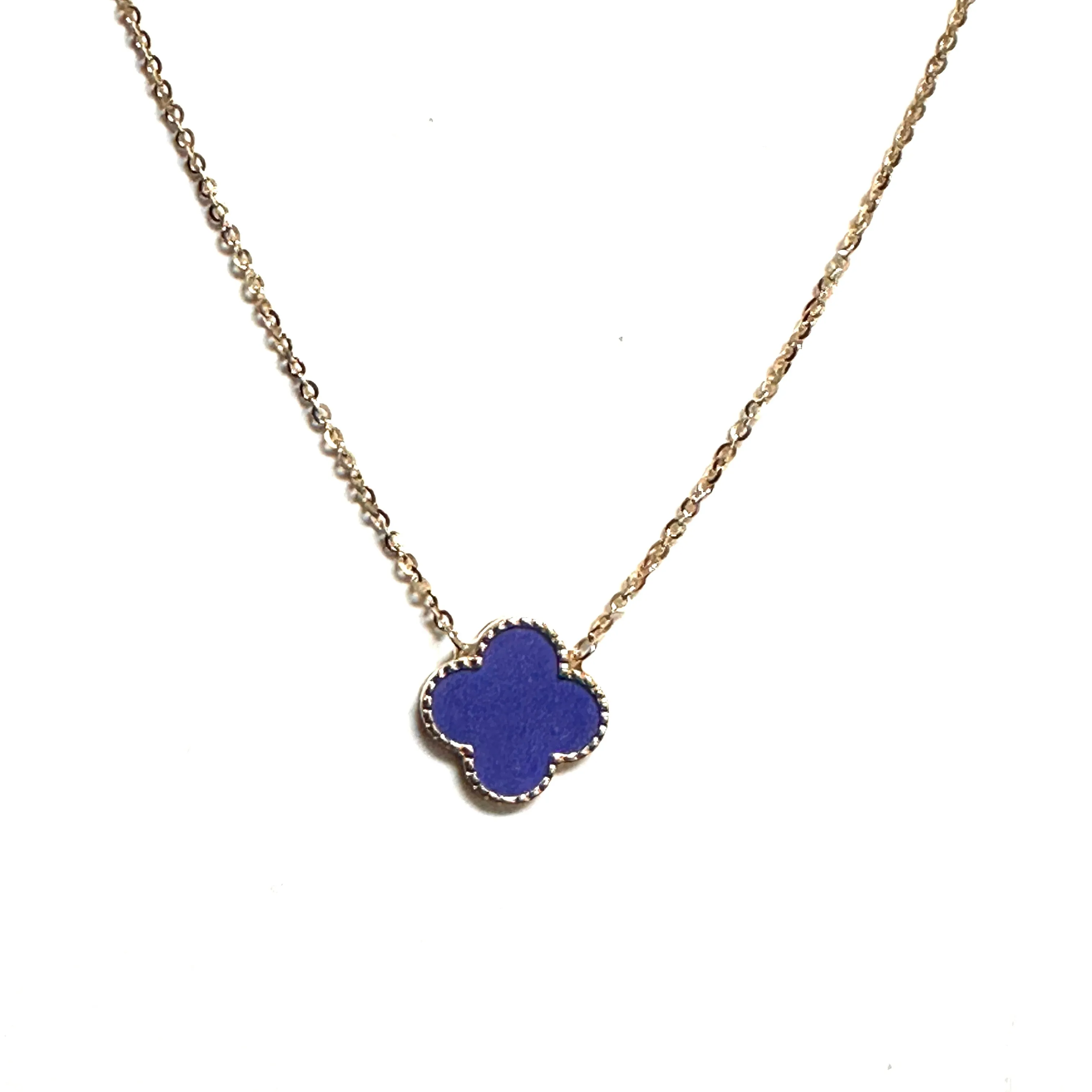 10K Yellow Gold (14mm) Designer Style Clover Lapis Beaded Edge Necklace