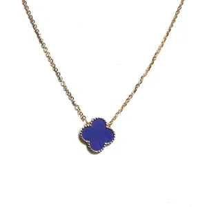 10K Yellow Gold (14mm) Designer Style Clover Lapis Beaded Edge Necklace