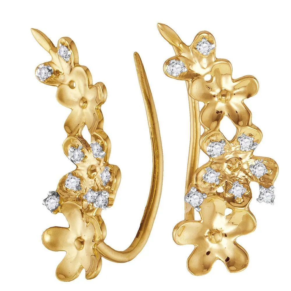 10K Yellow Gold Round Diamond Floral Climber Earrings 1/10 Cttw