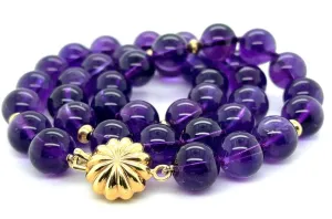 10mm Amethyst Bead Necklace with Yellow Gold Accents, 18 Inches