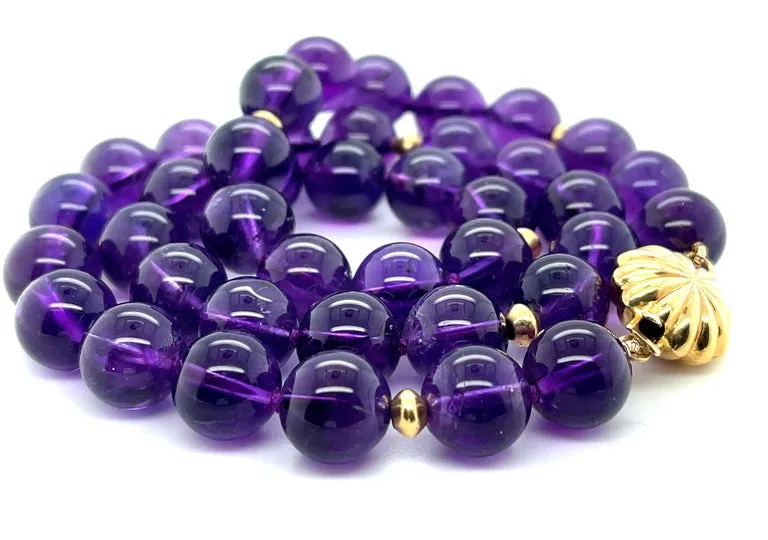 10mm Amethyst Bead Necklace with Yellow Gold Accents, 18 Inches