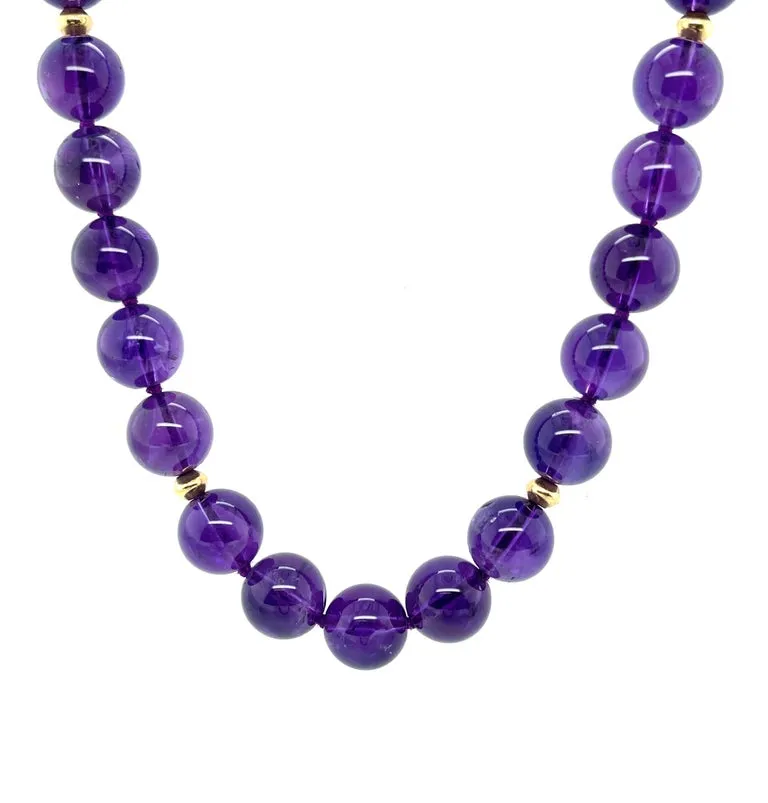 10mm Amethyst Bead Necklace with Yellow Gold Accents, 18 Inches
