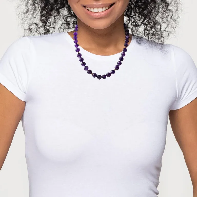 10mm Amethyst Bead Necklace with Yellow Gold Accents, 18 Inches