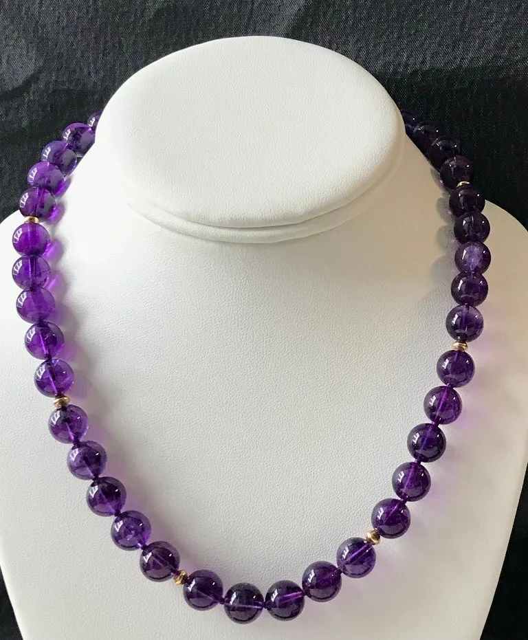 10mm Amethyst Bead Necklace with Yellow Gold Accents, 18 Inches