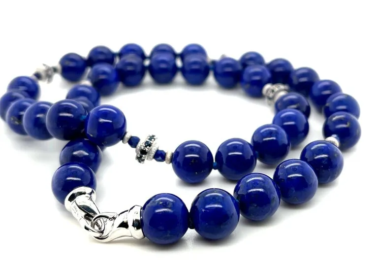 10mm Round Lapis Lazuli, Faceted Sapphire Bead & White Gold Necklace, 19 Inches