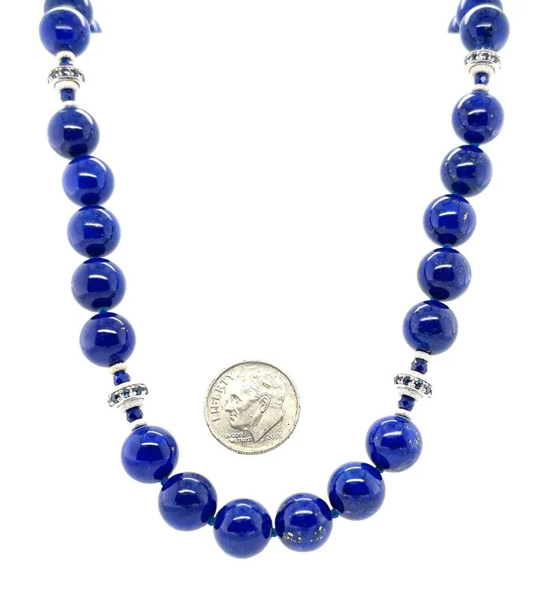 10mm Round Lapis Lazuli, Faceted Sapphire Bead & White Gold Necklace, 19 Inches