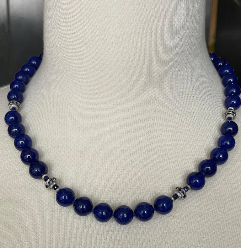 10mm Round Lapis Lazuli, Faceted Sapphire Bead & White Gold Necklace, 19 Inches