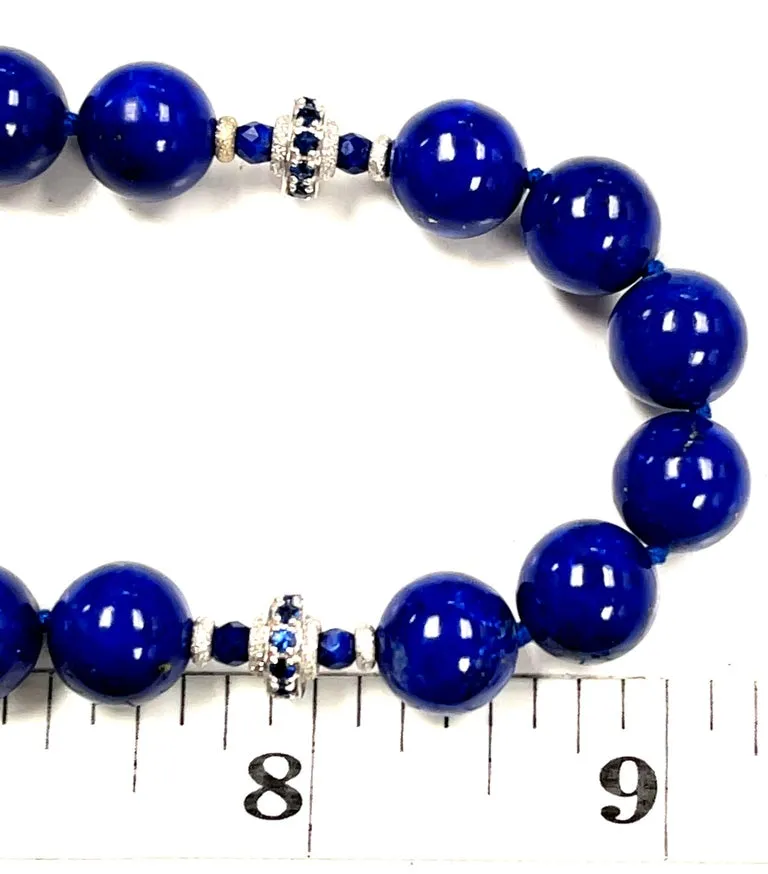 10mm Round Lapis Lazuli, Faceted Sapphire Bead & White Gold Necklace, 19 Inches