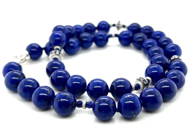 10mm Round Lapis Lazuli, Faceted Sapphire Bead & White Gold Necklace, 19 Inches
