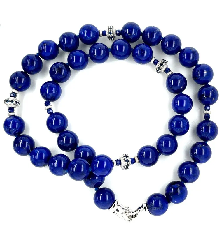 10mm Round Lapis Lazuli, Faceted Sapphire Bead & White Gold Necklace, 19 Inches