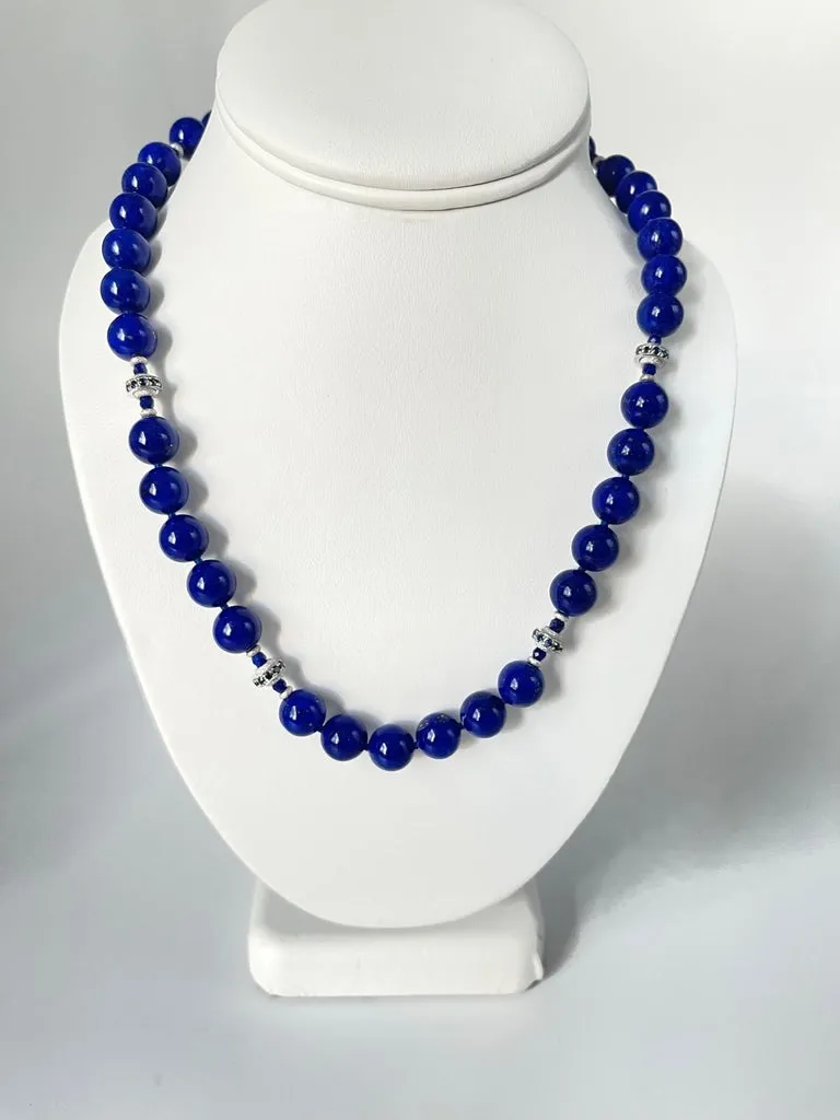 10mm Round Lapis Lazuli, Faceted Sapphire Bead & White Gold Necklace, 19 Inches
