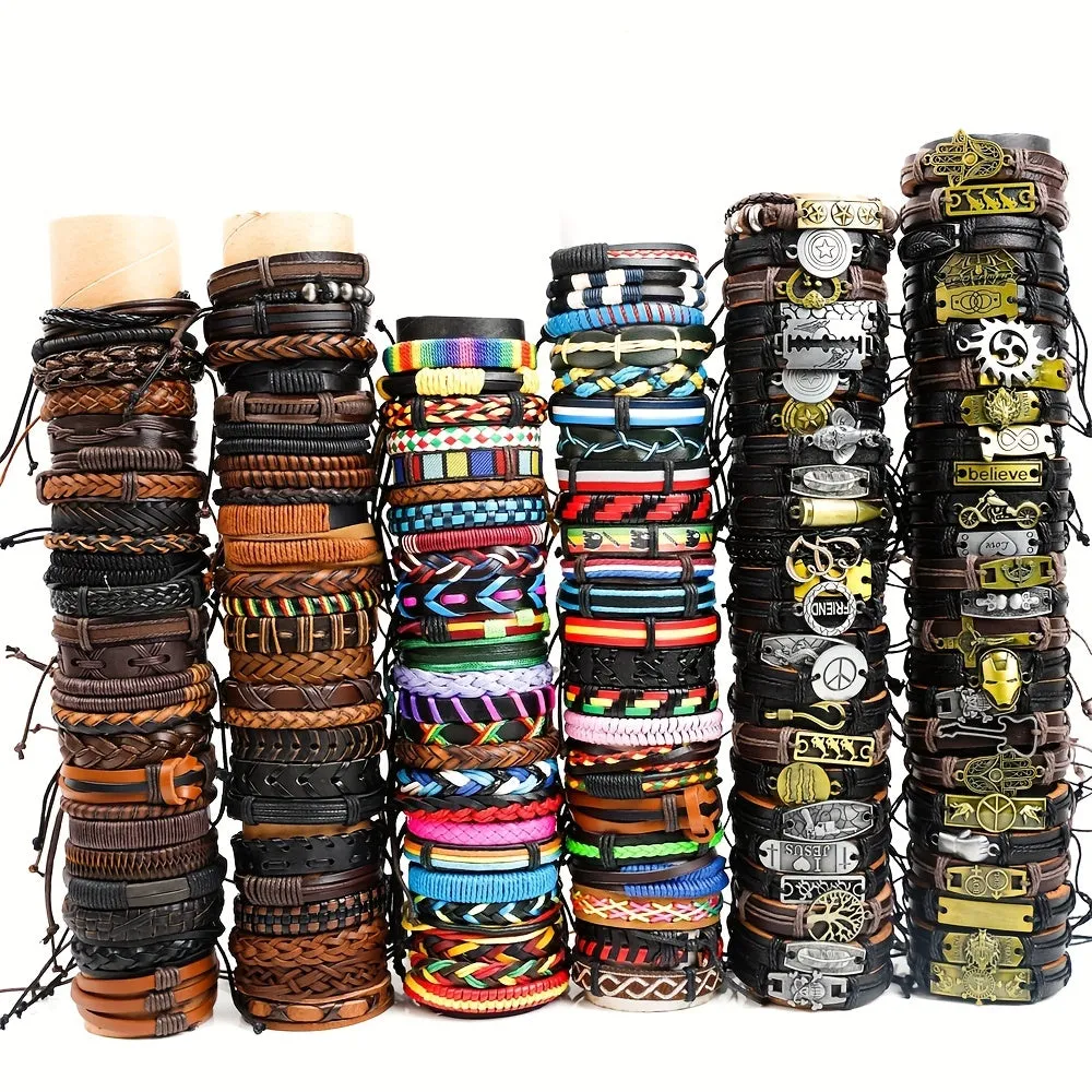 10pcs Men's Brown Leather Bracelets Alloy Braided Style