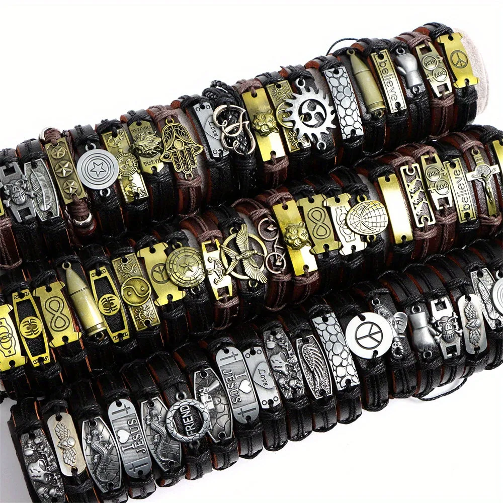10pcs Men's Brown Leather Bracelets Alloy Braided Style