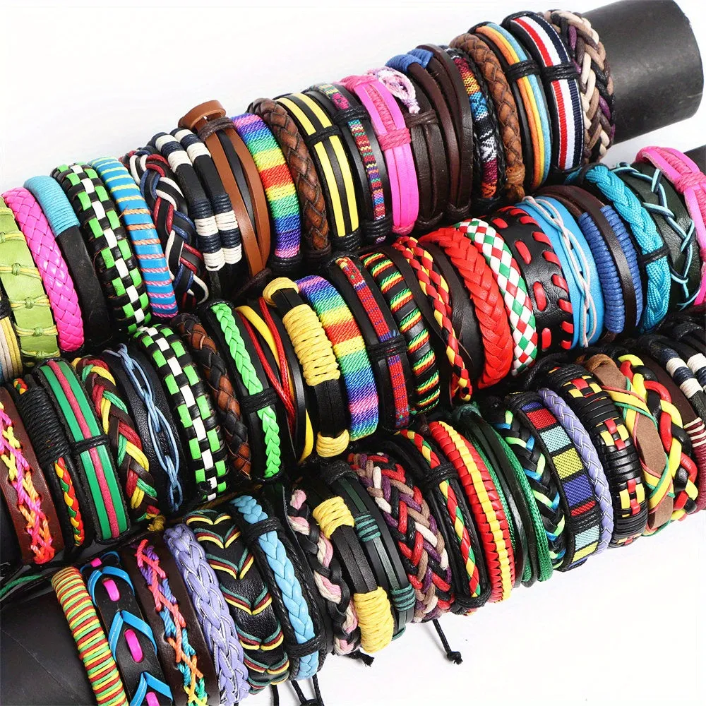 10pcs Men's Brown Leather Bracelets Alloy Braided Style