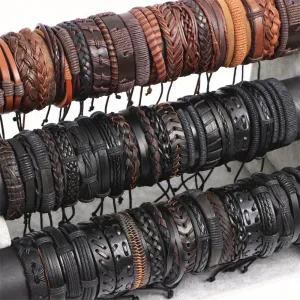 10pcs Men's Brown Leather Bracelets Alloy Braided Style