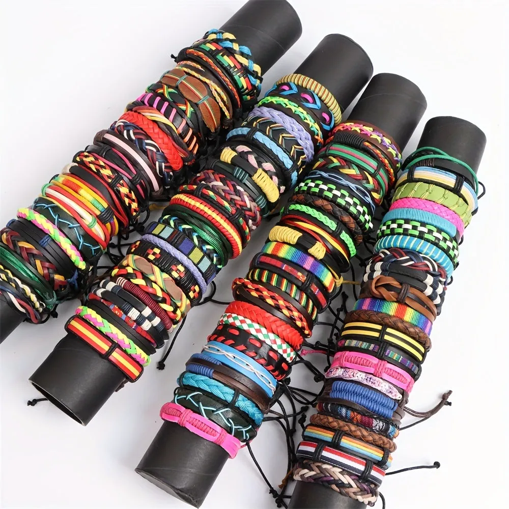 10pcs Men's Brown Leather Bracelets Alloy Braided Style