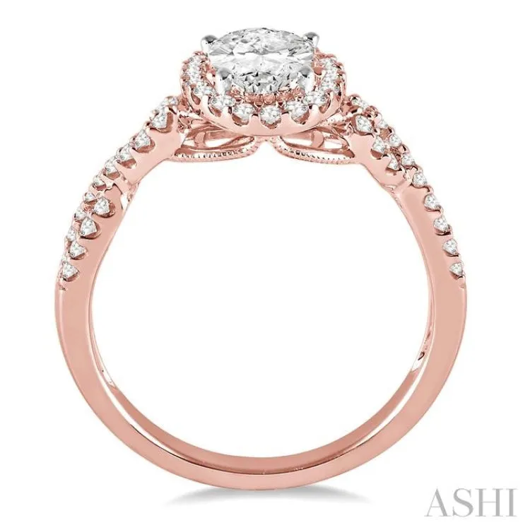 1/2 ctw Oval Cut Diamond Ladies Engagement Ring with 1/3 ct Oval Cut Center Stone in 14K Rose and White Gold