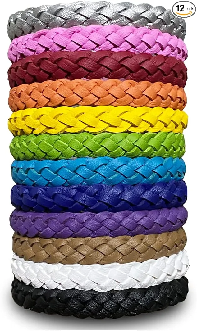 12 Pack Mosquito Repellent Bracelets, Solid Color Individually Wrapped Leather Insect & Bug Repellent Wrist Bands for Kids & Adults Outdoor Camping Fishing Traveling