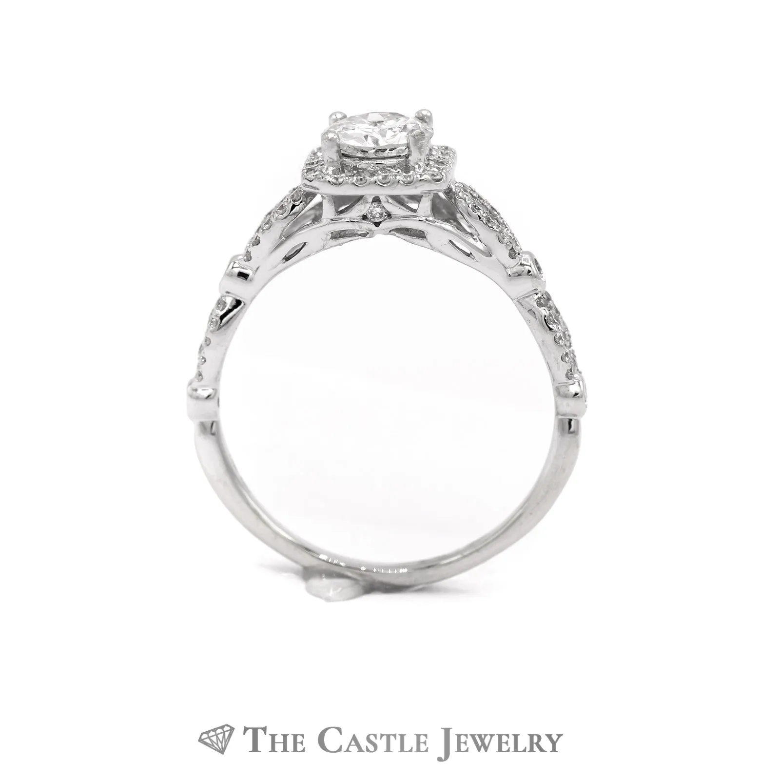 1.25CTTW Round Diamond Halo Engagement Ring with Twisted Sides in 14K White Gold