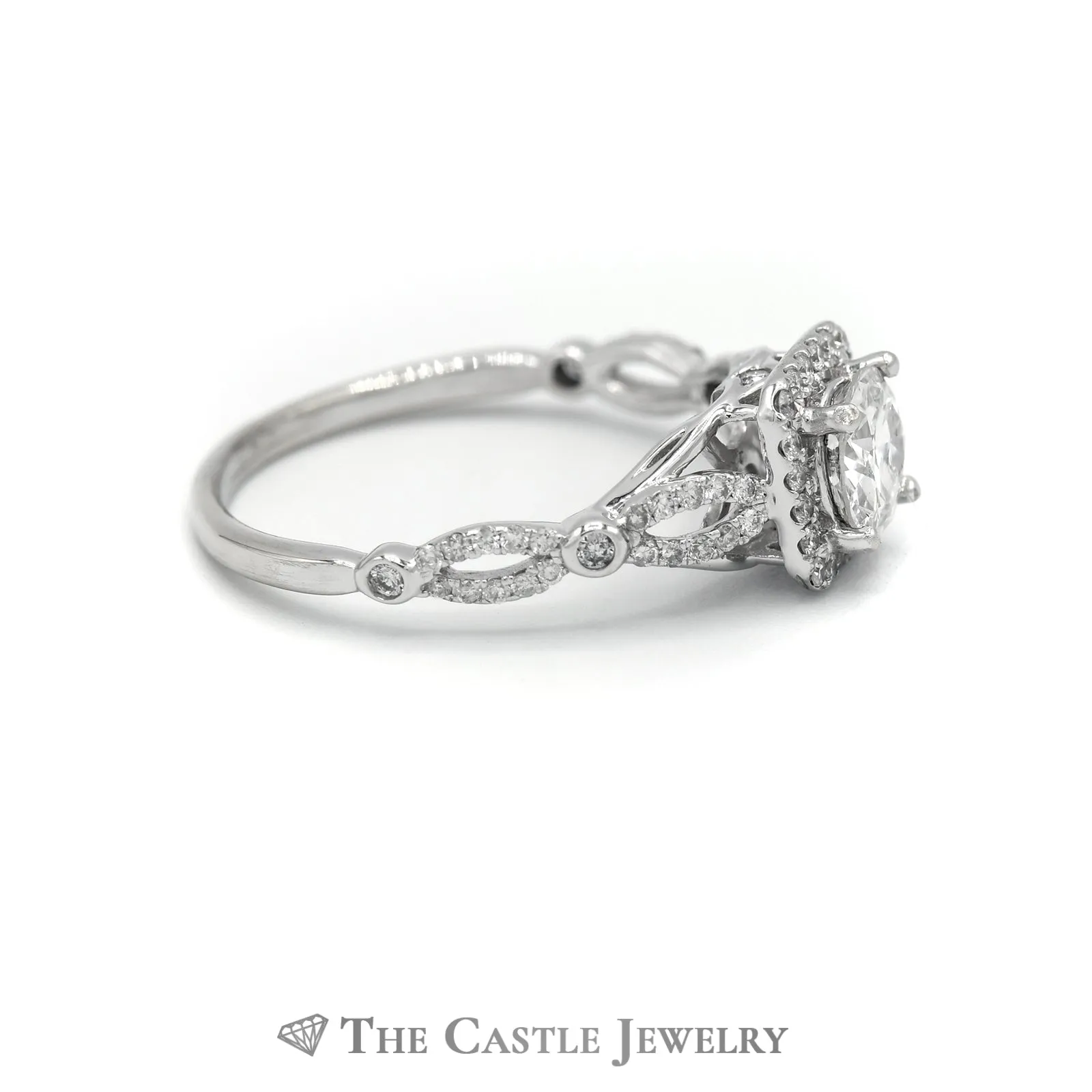 1.25CTTW Round Diamond Halo Engagement Ring with Twisted Sides in 14K White Gold
