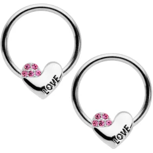 14 Gauge 1/2 Pink Gem Love Heart BCR Captive Nipple Ring Set