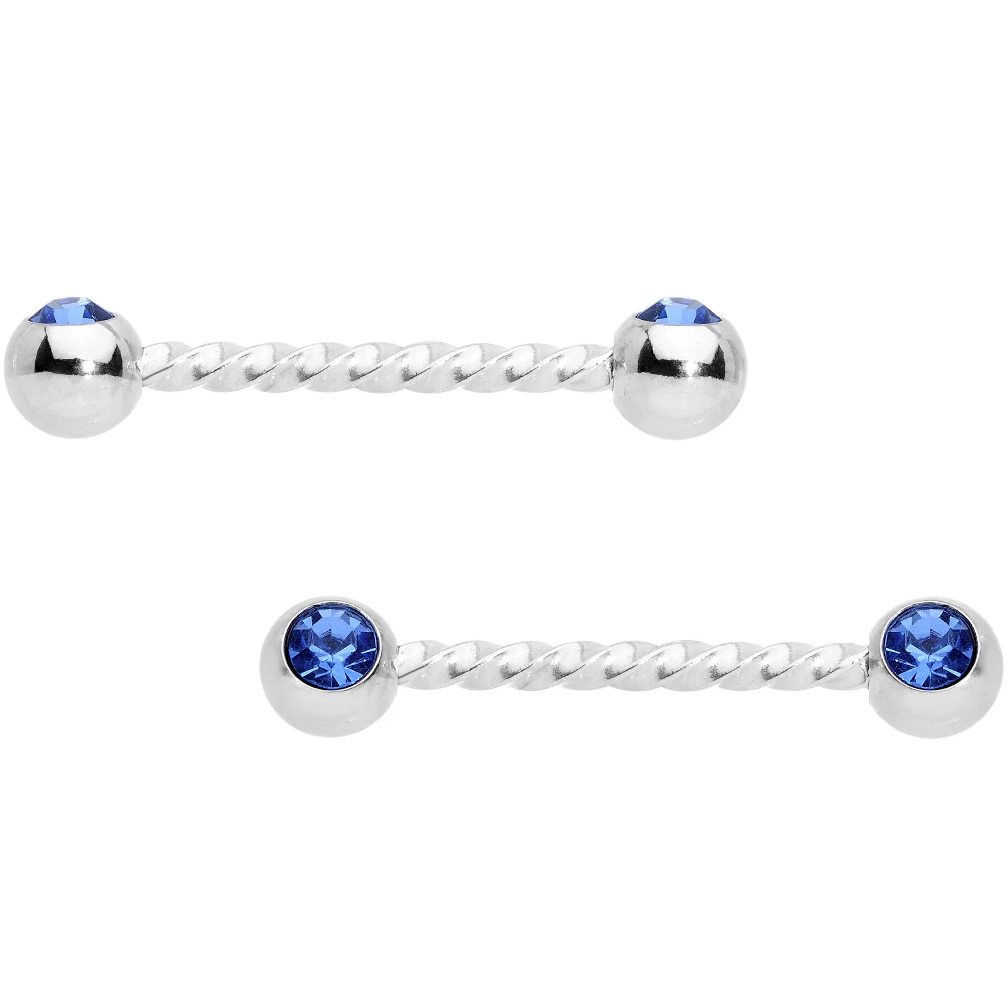 14 Gauge 5/8 Blue Gem Twisted Barbell Nipple Ring Set