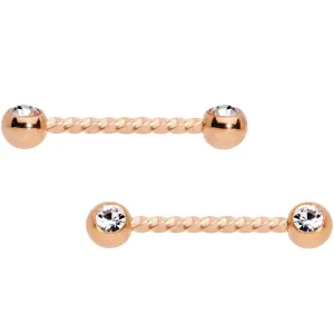 14 Gauge 5/8 Clear Gem Rose Gold Tone Twisted Barbell Nipple Ring Set