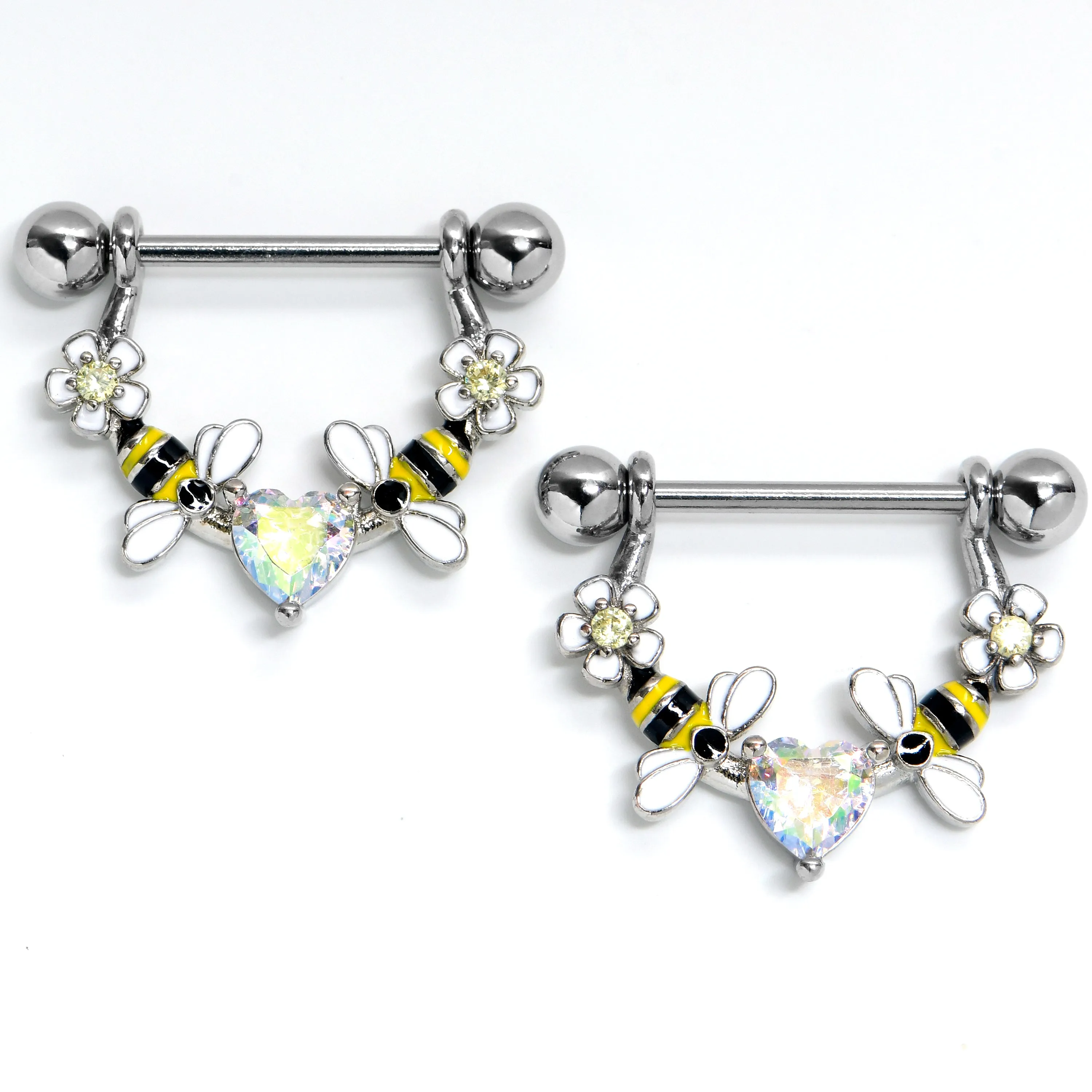 14 Gauge 9/16 Aurora Gem Heart Bees Flowers Dangle Nipple Ring Set