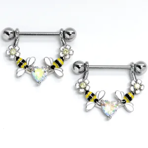 14 Gauge 9/16 Aurora Gem Heart Bees Flowers Dangle Nipple Ring Set