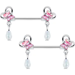 14 Gauge 9/16 Heart Pink Butterfly Dangle Barbell Nipple Ring Set