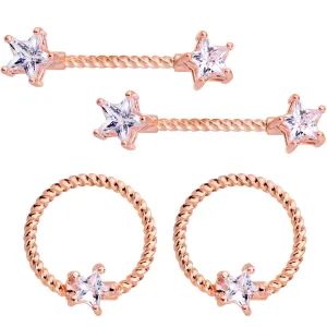 14 Gauge Clear CZ Gem Star Rose Gold Hue BCR Barbell Nipple Ring Set