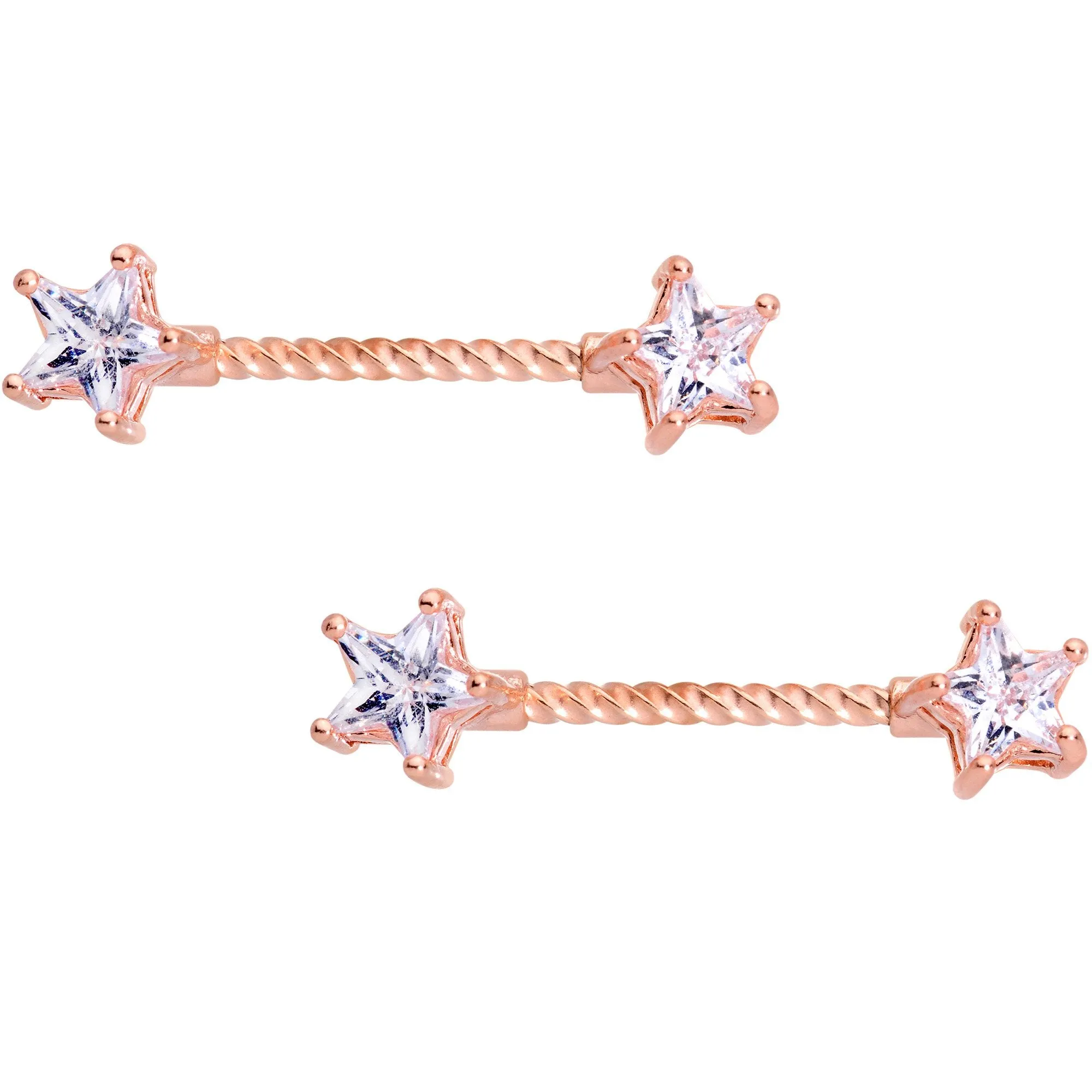 14 Gauge Clear CZ Gem Star Rose Gold Hue BCR Barbell Nipple Ring Set
