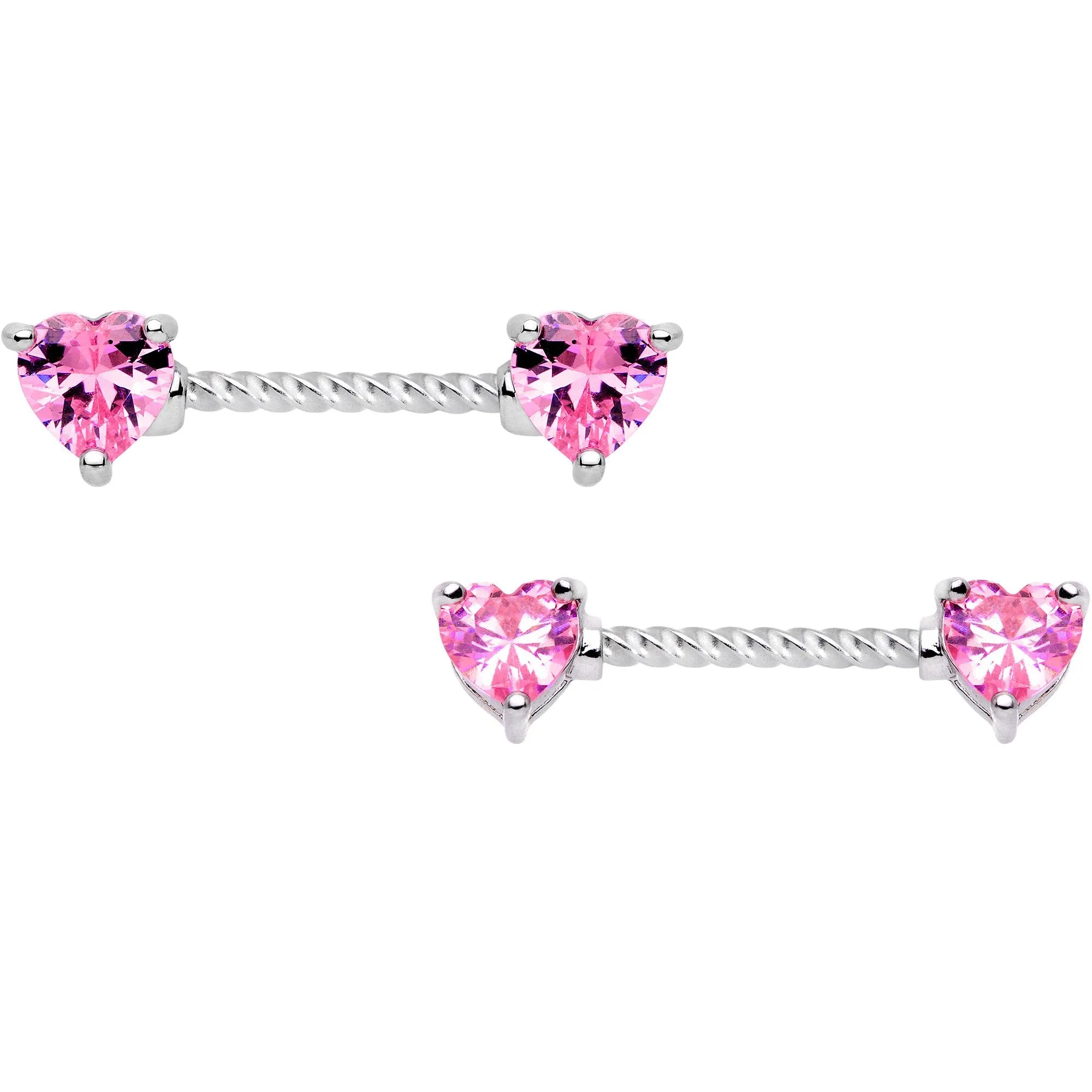 14 Gauge Pink CZ Gem Heart Twisted BCR Ring Barbell Nipple Ring Set