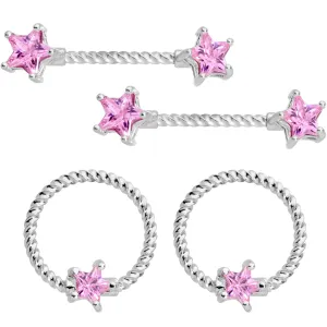 14 Gauge Pink CZ Gem Star Twisted BCR Barbell Nipple Ring Set of 4