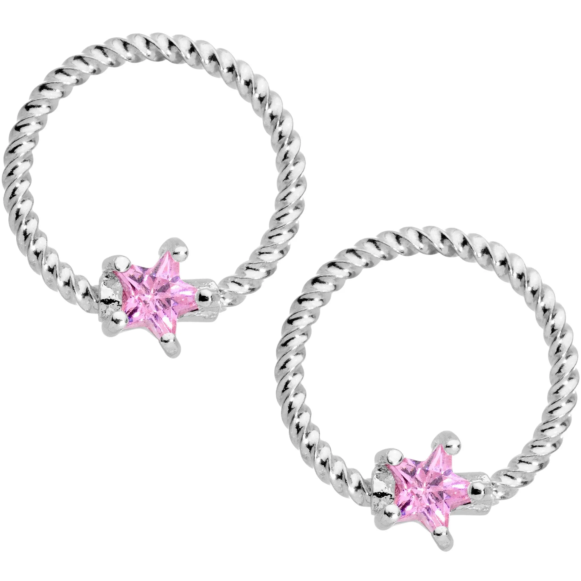 14 Gauge Pink CZ Gem Star Twisted BCR Barbell Nipple Ring Set of 4