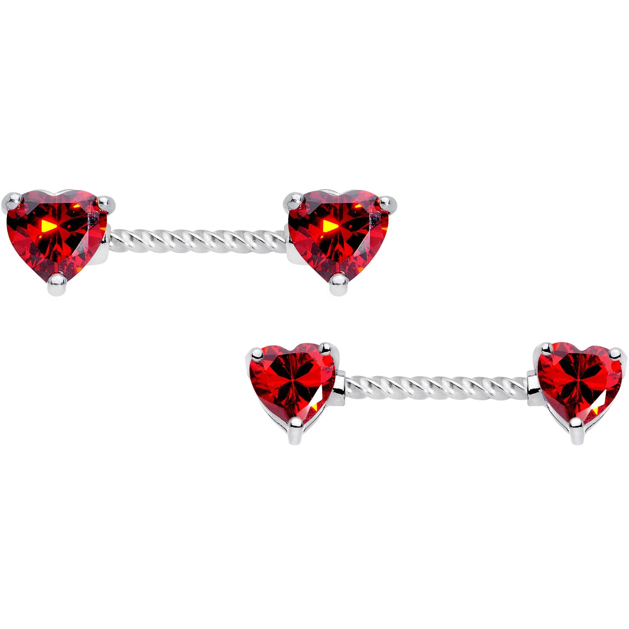 14 Gauge Red CZ Gem Heart Twisted Captive Ring Barbell Nipple Ring Set