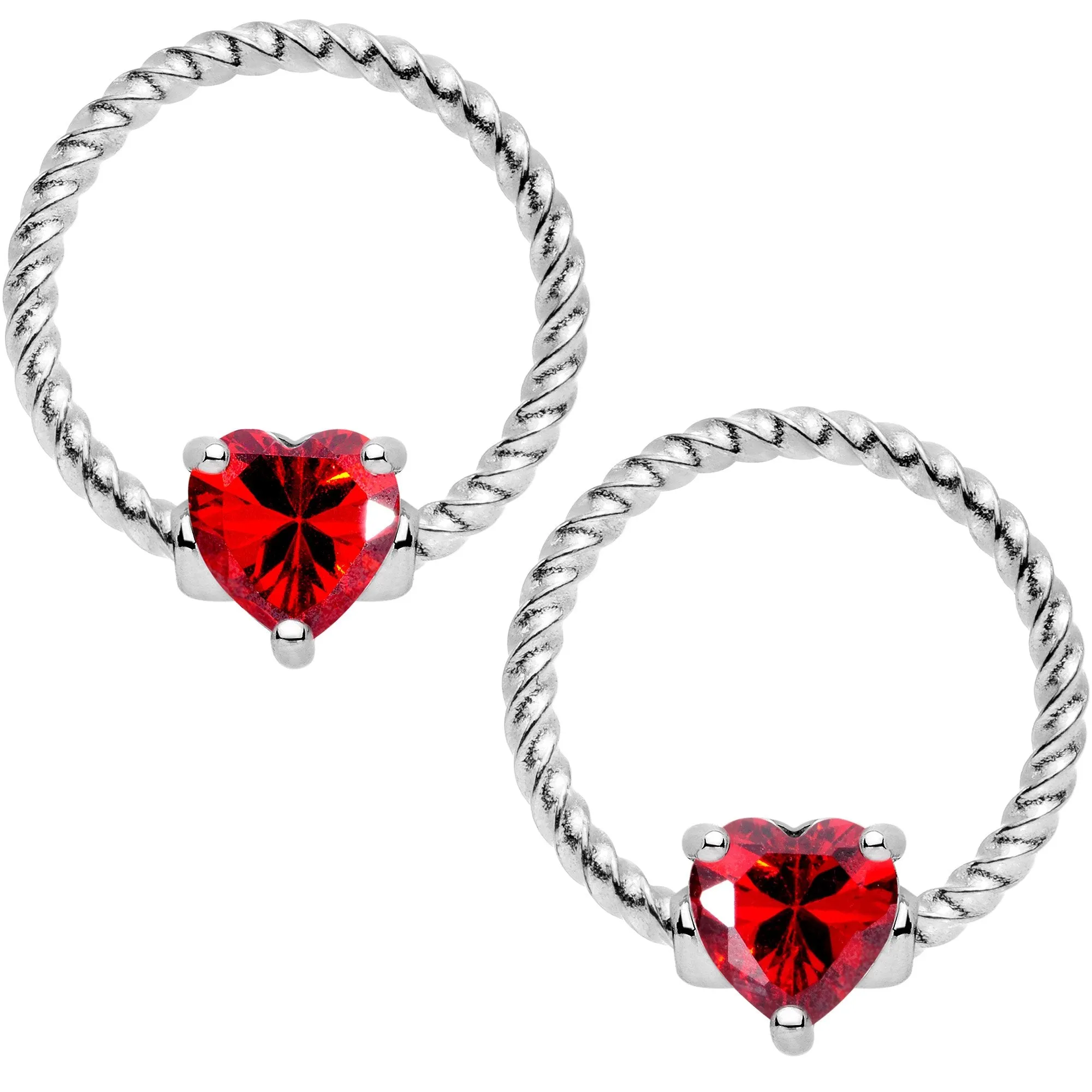 14 Gauge Red CZ Gem Heart Twisted Captive Ring Barbell Nipple Ring Set