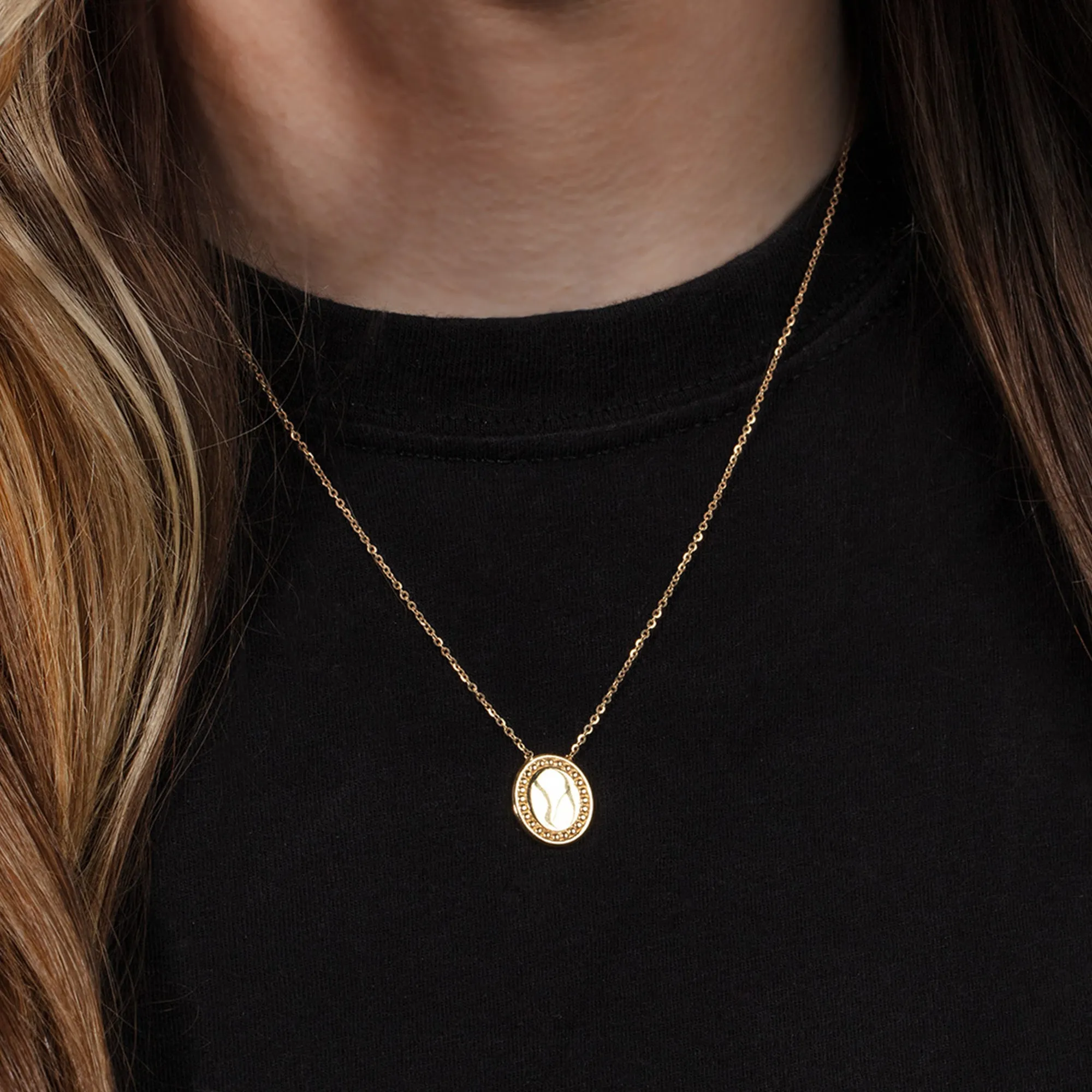 14K Gold Beaded Oval Necklace