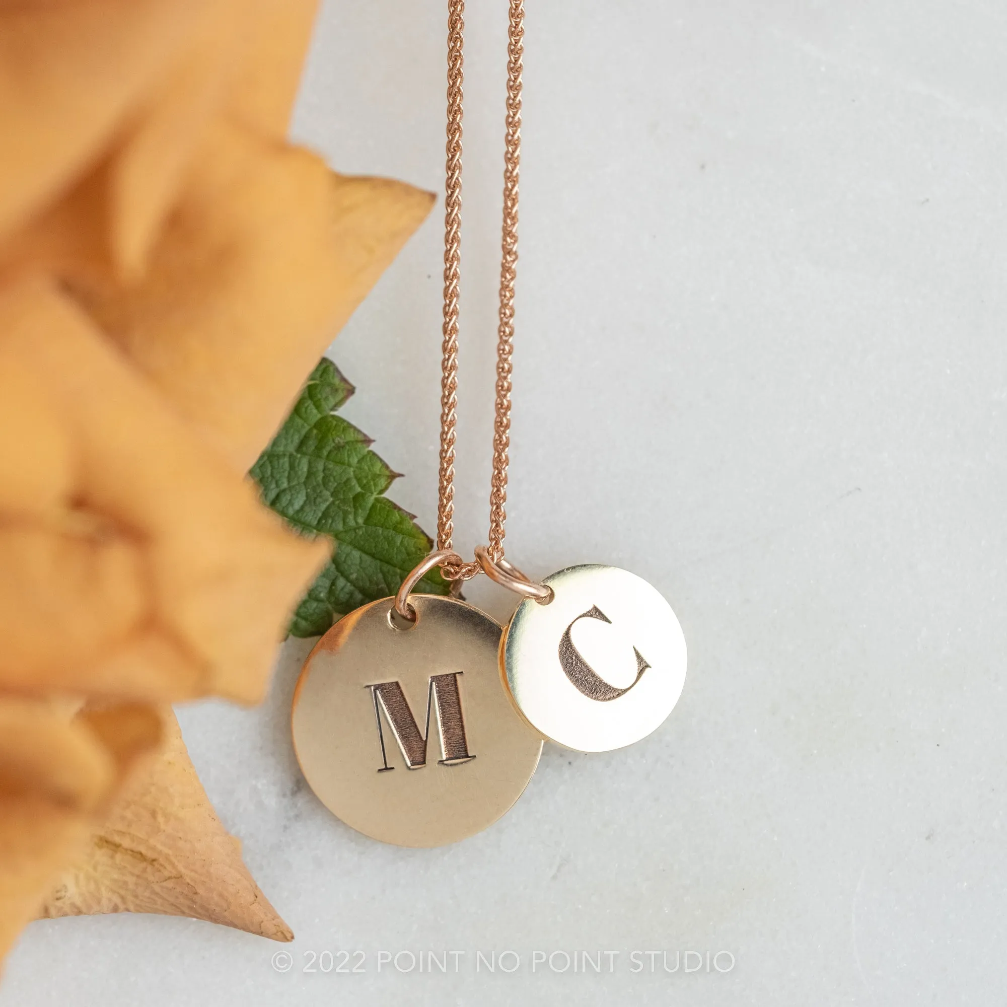 14k Gold Engraved Alouette Single Initial Small Round Charm