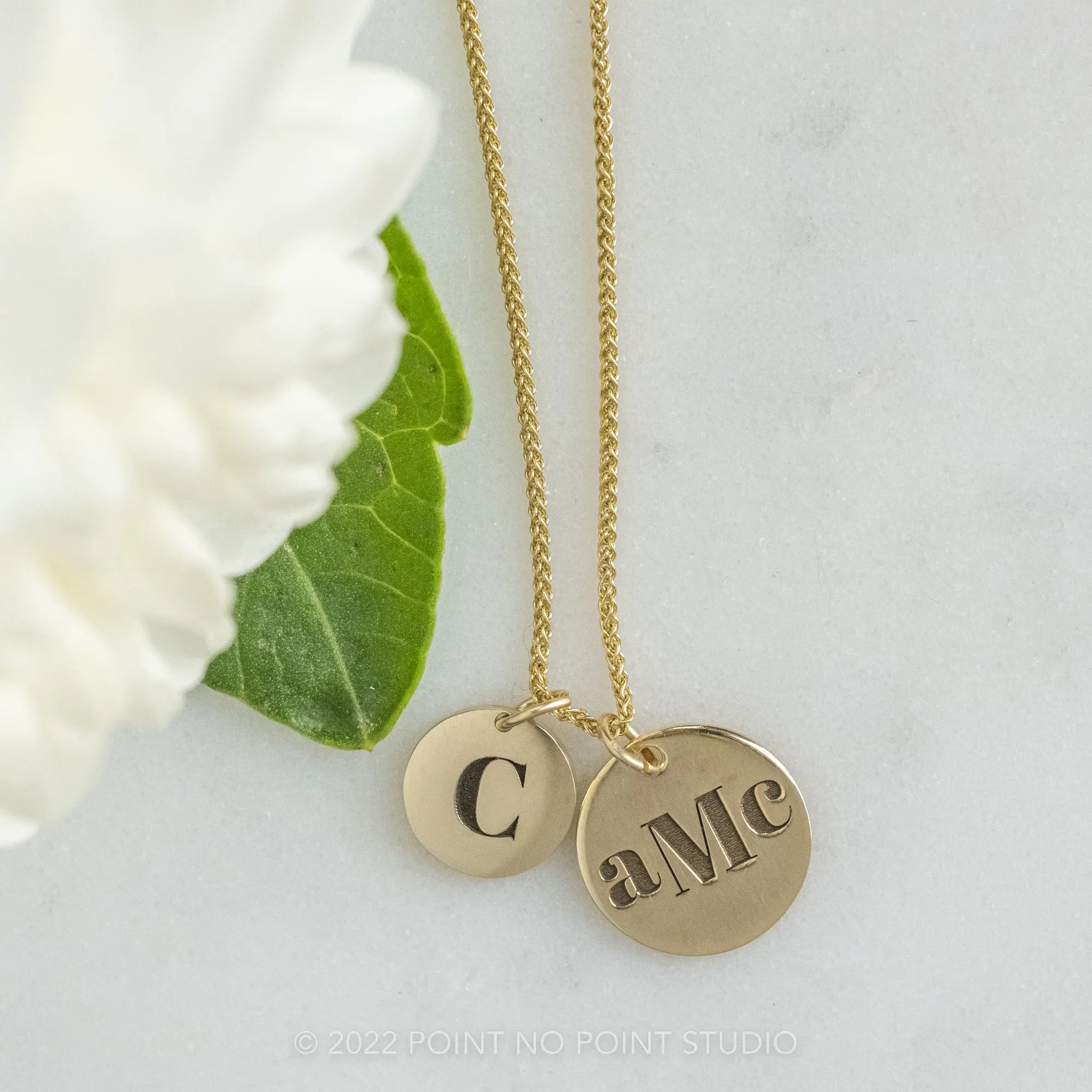 14k Gold Engraved Alouette Single Initial Small Round Charm