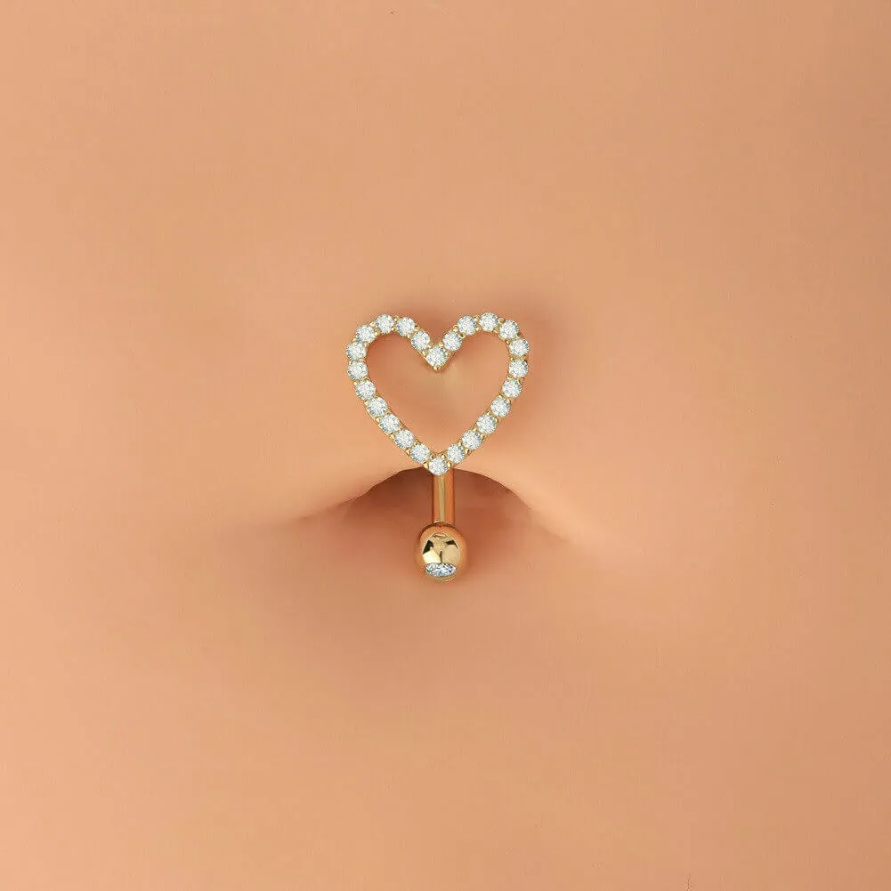 14K Gold Heart Belly Rings 14G Top Mount CZ Belly Button Ring