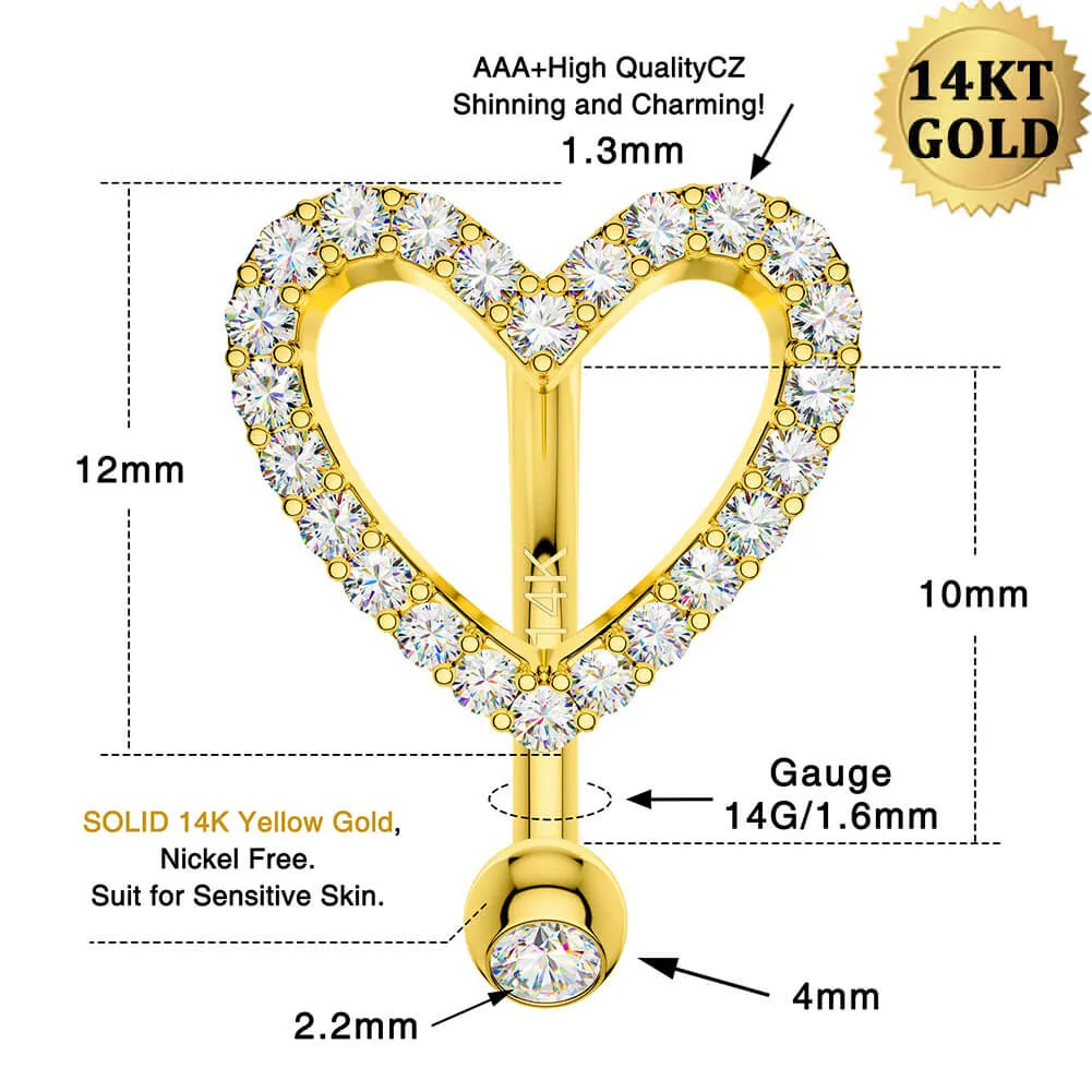 14K Gold Heart Belly Rings 14G Top Mount CZ Belly Button Ring